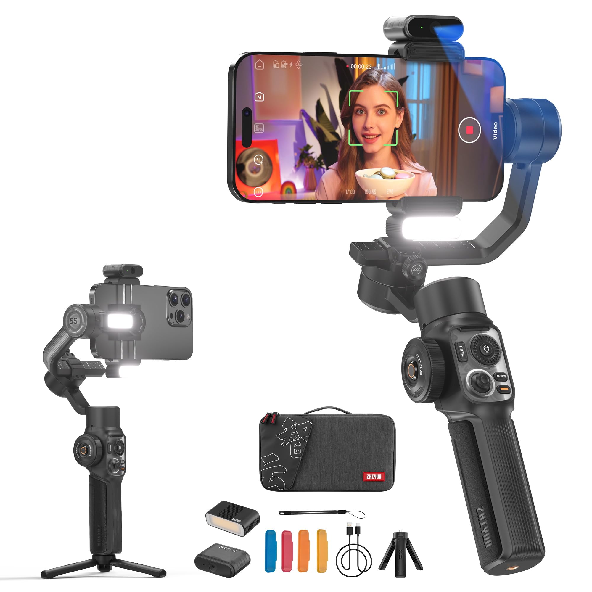 مثبت Zhiyun Smooth 5S AI Pro Gimbal، مثبت ثلاثي المحاور للهواتف الذكية مع متتبع AI، ضوء تعبئة مغناطيسي/مدمج، حقيبة تخزين، مثبت iPhone مثبت Zhiyun Smooth 5S AI Pro Gimbal، مثبت ثلاثي المحاور للهواتف الذكية مع متتبع AI، ضوء تعبئة مغناطيسي/مدمج، حقيبة تخزين، مثبت iPhone