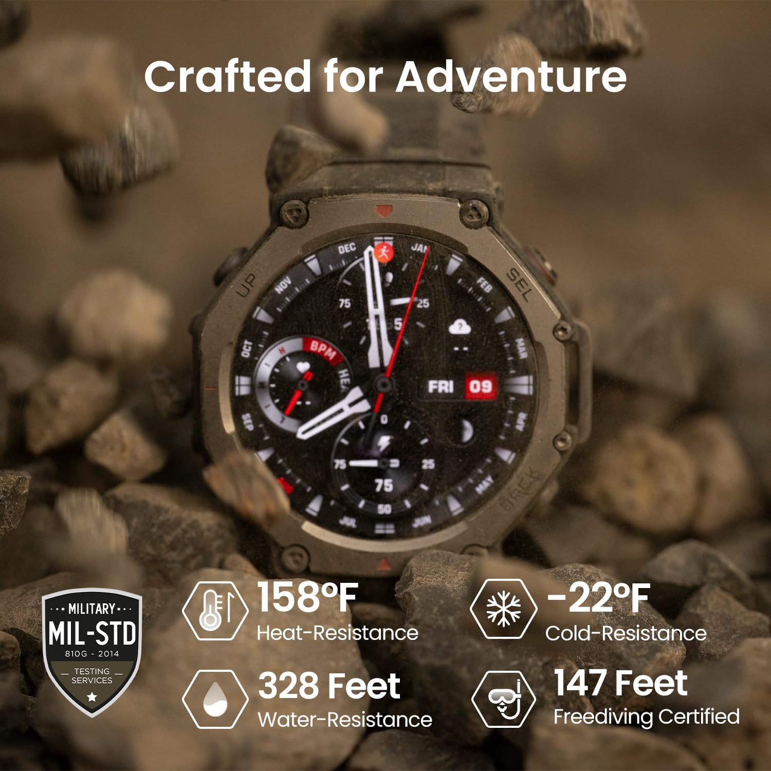 ساعة Amazfit T-Rex 3 الذكية، 48 مم، عمر بطارية طويل للغاية، مقاومة للماء حتى عمق 100 متر، 170 وضع رياضي.