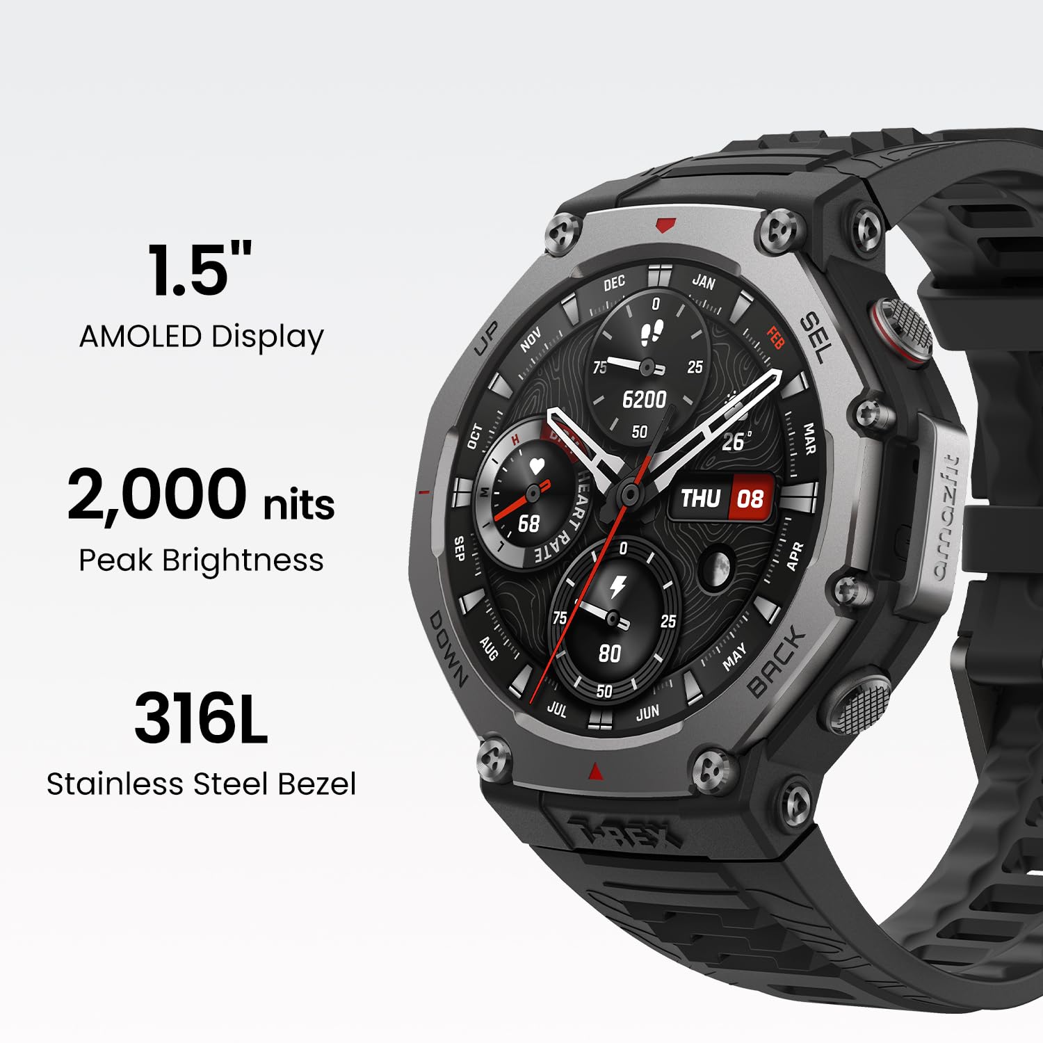 ساعة Amazfit T-Rex 3 الذكية، 48 مم، عمر بطارية طويل للغاية، مقاومة للماء حتى عمق 100 متر، 170 وضع رياضي.