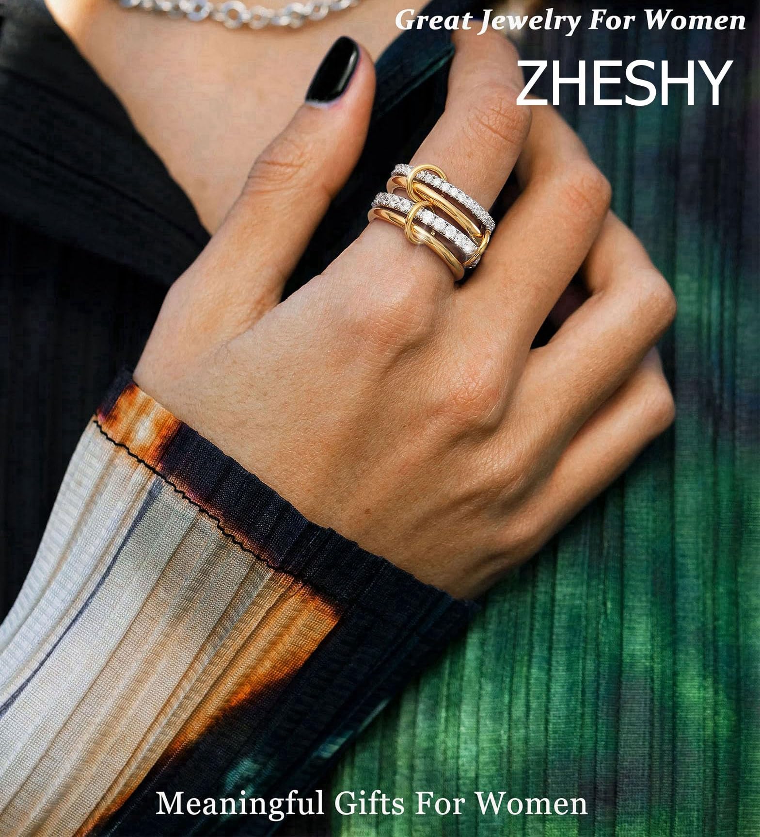 Women's gold and silver stacked ring, crafted from 18K gold-plated and platinum-plated brass. Women's gold and silver stacked ring, crafted from 18K gold-plated and platinum-plated brass.