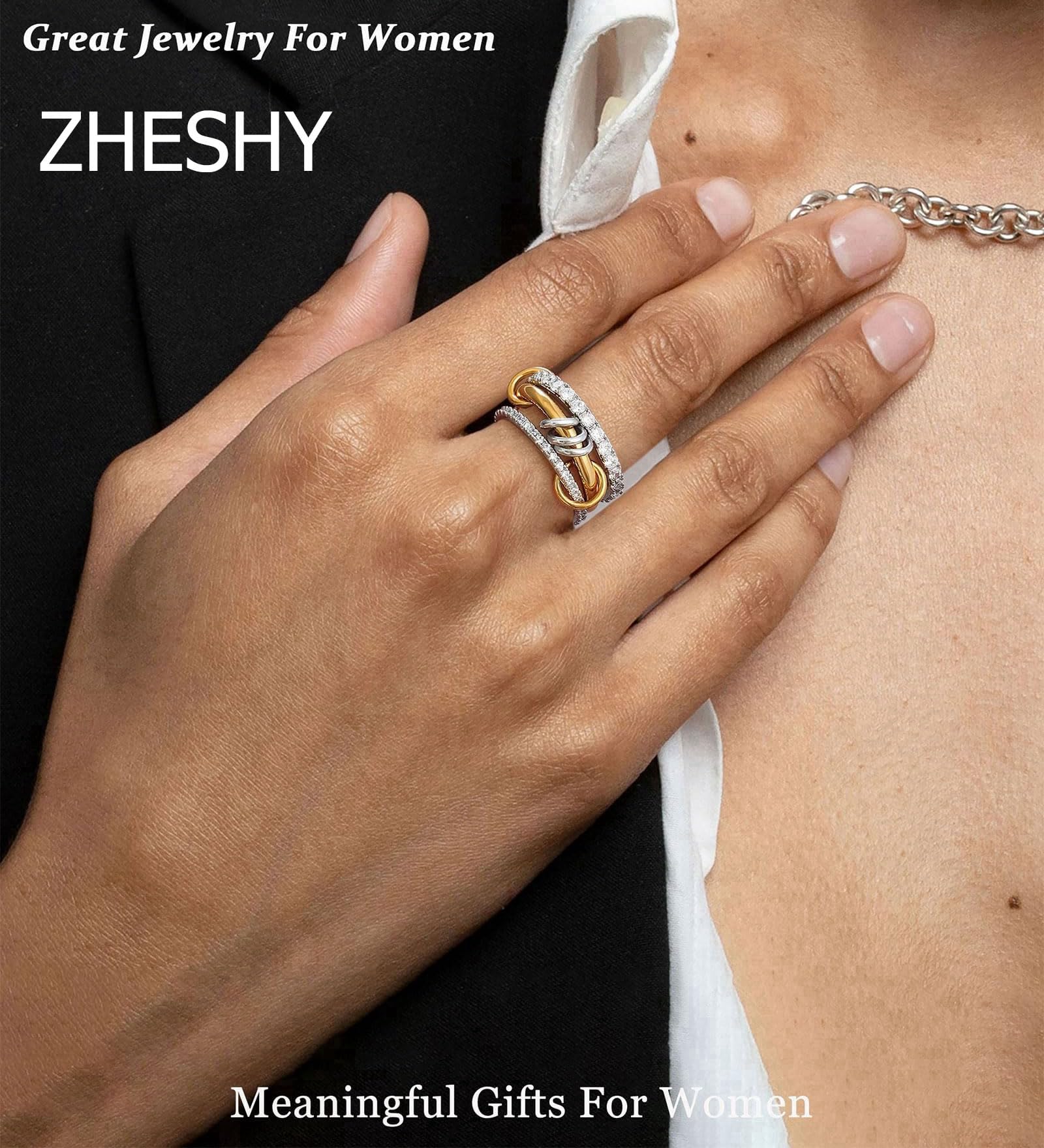 Women's gold and silver stacked ring, crafted from 18K gold-plated and platinum-plated brass. Women's gold and silver stacked ring, crafted from 18K gold-plated and platinum-plated brass.