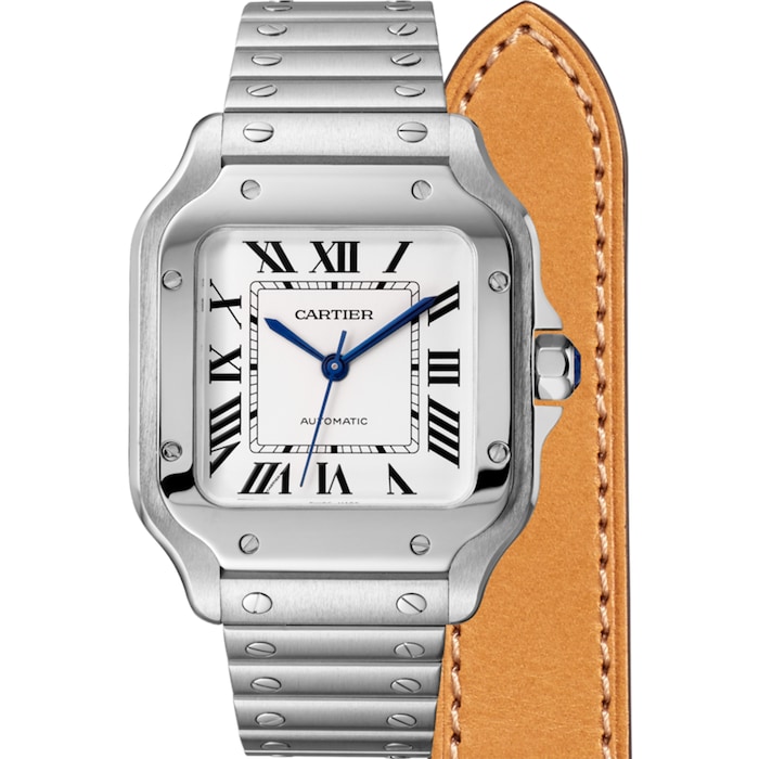 Santos De Cartier Watch Medium Model, Automatic Movement, Steel, Interchangeable Metal And Leather Bracelets